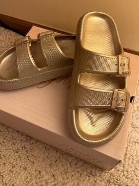 Gold Double-Buckle Slide Sandals, 7/8